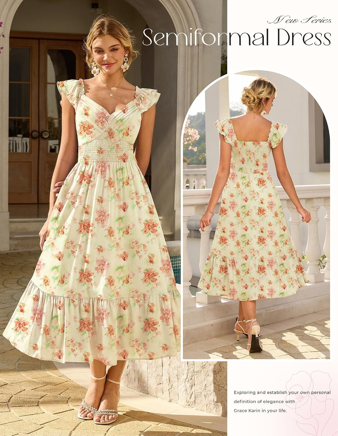 image:imageGRACE KARIN Womens Summer Floral Maxi Wedding Guest Dresses Flowy a Line Long DressRuffle Sleeve Smocked Sundress with PocketGarden PartySemi FormalBeach Vacation OutfitsYellow Floral