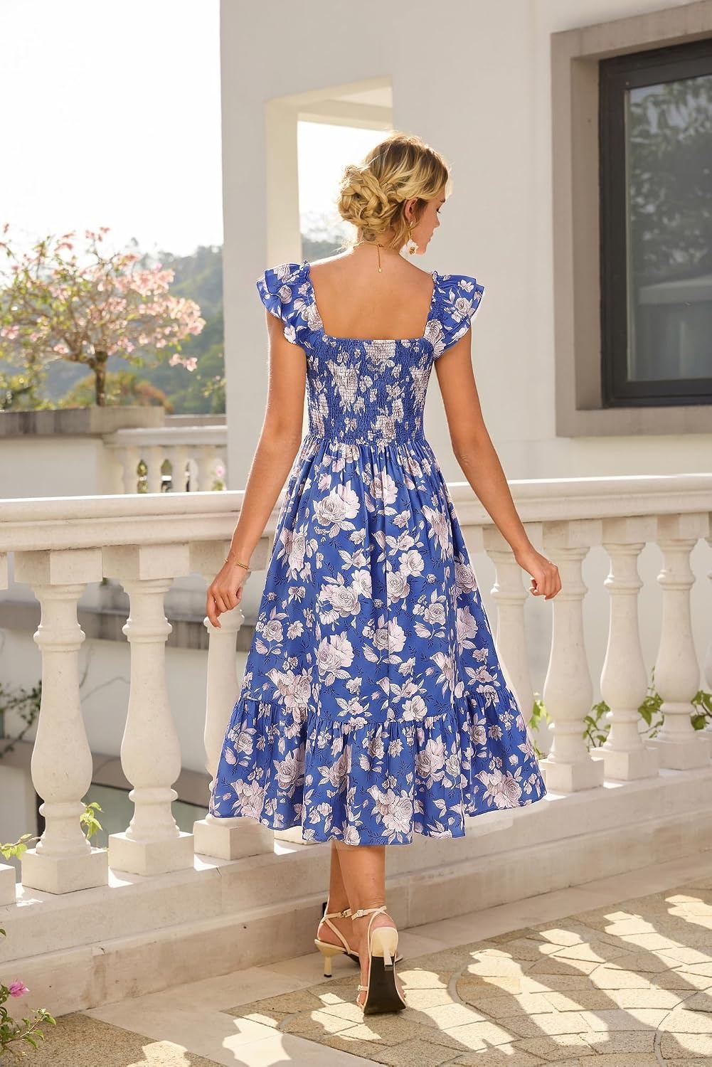 image:imageGRACE KARIN Womens Summer Floral Maxi Wedding Guest Dresses Flowy a Line Long DressRuffle Sleeve Smocked Sundress with PocketGarden PartySemi FormalBeach Vacation OutfitsDark Blue