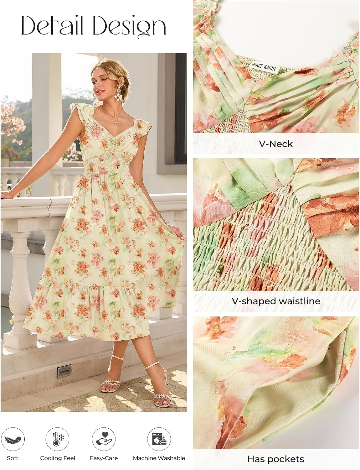 image:imageGRACE KARIN Womens Summer Floral Maxi Wedding Guest Dresses Flowy a Line Long DressRuffle Sleeve Smocked Sundress with PocketGarden PartySemi FormalBeach Vacation OutfitsYellow Floral
