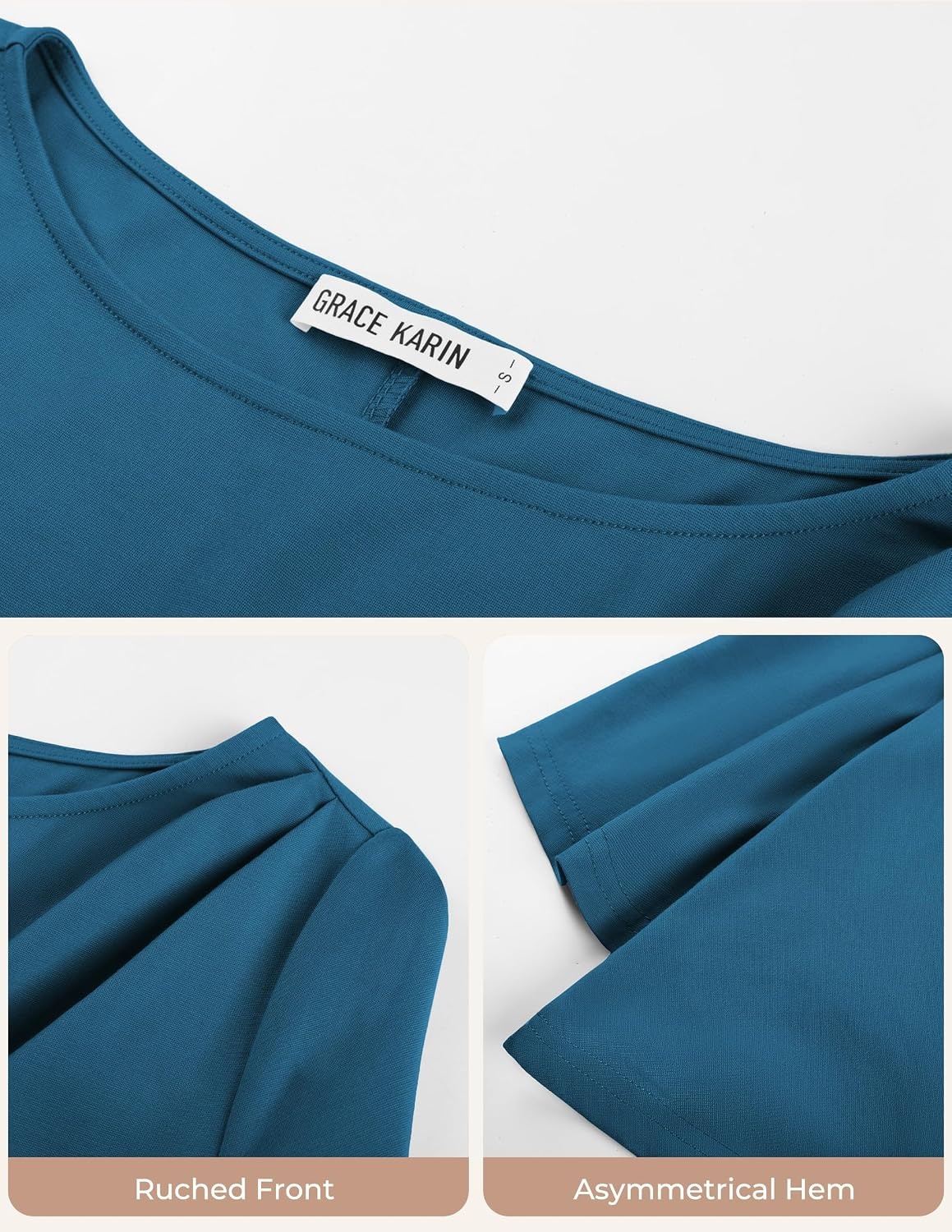 image:imageGRACE KARIN Womens Summer Peplum Tops Dressy Casual Shirt 34 Sleeve Trendy Work Shirts 2026 Business Ruched front Blouses Boat Neck Fashion ClothesBlue Green