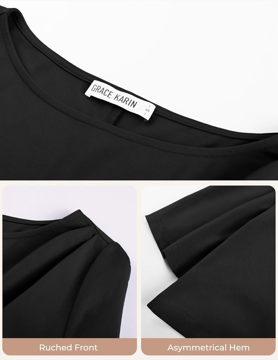 image:imageGRACE KARIN Womens Summer Peplum Tops Dressy Casual Shirt 34 Sleeve Trendy Work Shirts 2026 Business Ruched front Blouses Boat Neck Fashion ClothesBlack
