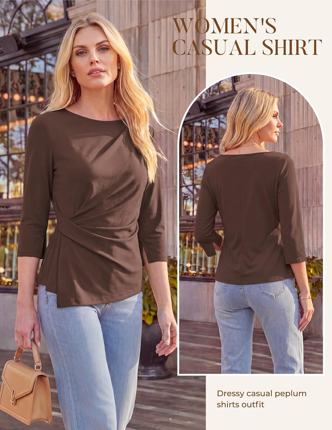 image:imageGRACE KARIN Womens Summer Peplum Tops Dressy Casual Shirt 34 Sleeve Trendy Work Shirts 2026 Business Ruched front Blouses Boat Neck Fashion ClothesCoffee