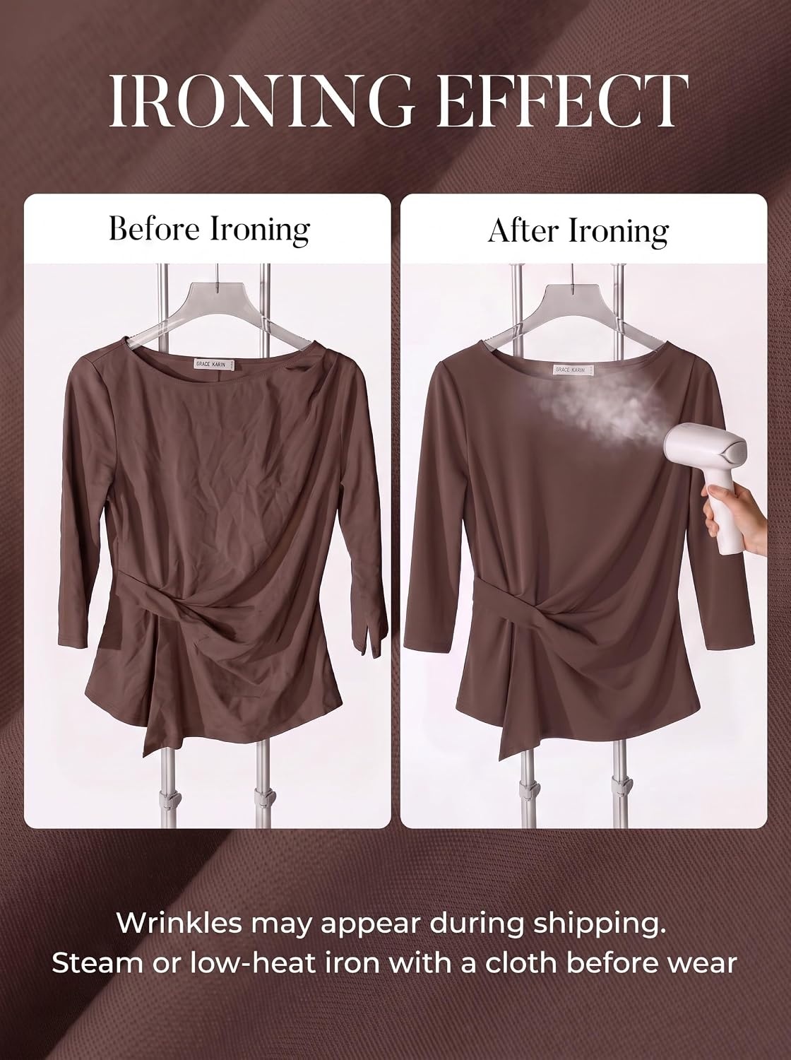 image:imageGRACE KARIN Womens Summer Peplum Tops Dressy Casual Shirt 34 Sleeve Trendy Work Shirts 2026 Business Ruched front Blouses Boat Neck Fashion ClothesCoffee