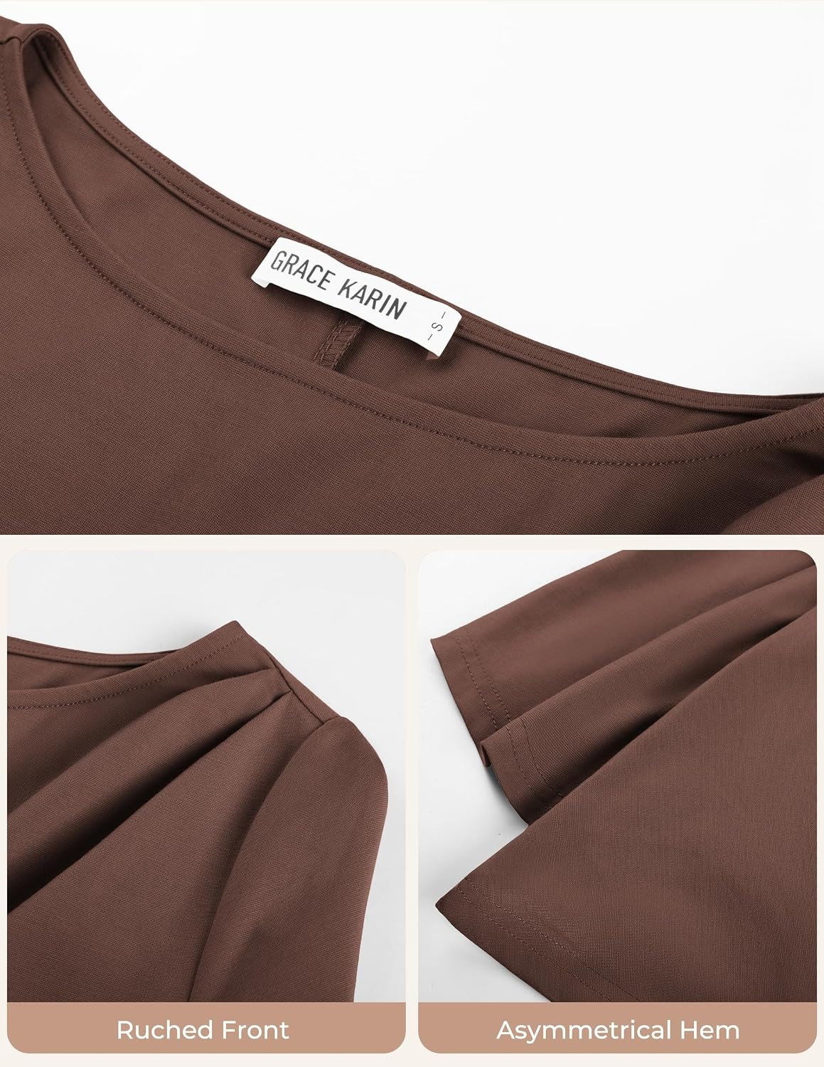 image:imageGRACE KARIN Womens Summer Peplum Tops Dressy Casual Shirt 34 Sleeve Trendy Work Shirts 2026 Business Ruched front Blouses Boat Neck Fashion ClothesCoffee
