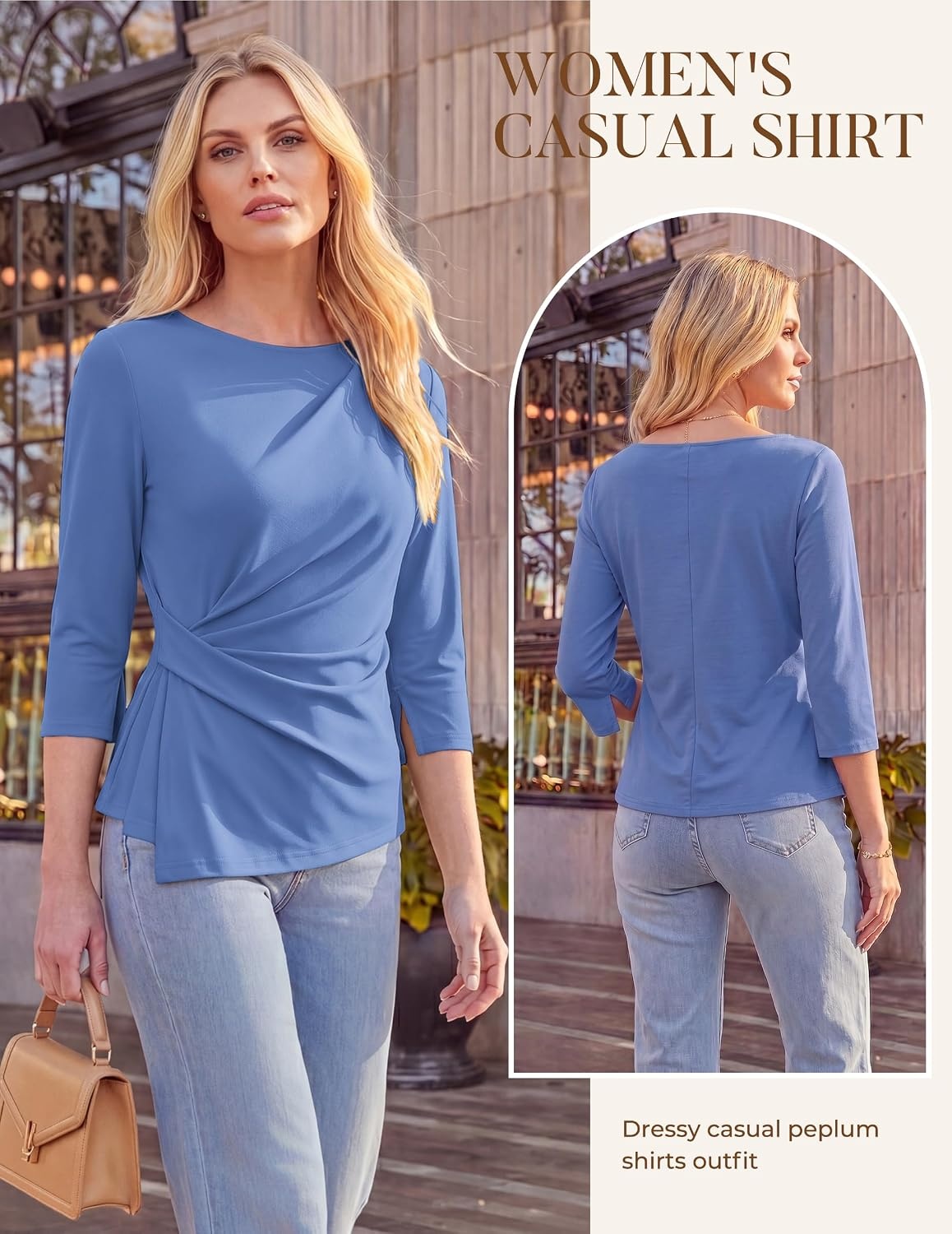 image:imageGRACE KARIN Womens Summer Peplum Tops Dressy Casual Shirt 34 Sleeve Trendy Work Shirts 2026 Business Ruched front Blouses Boat Neck Fashion ClothesGray Blue