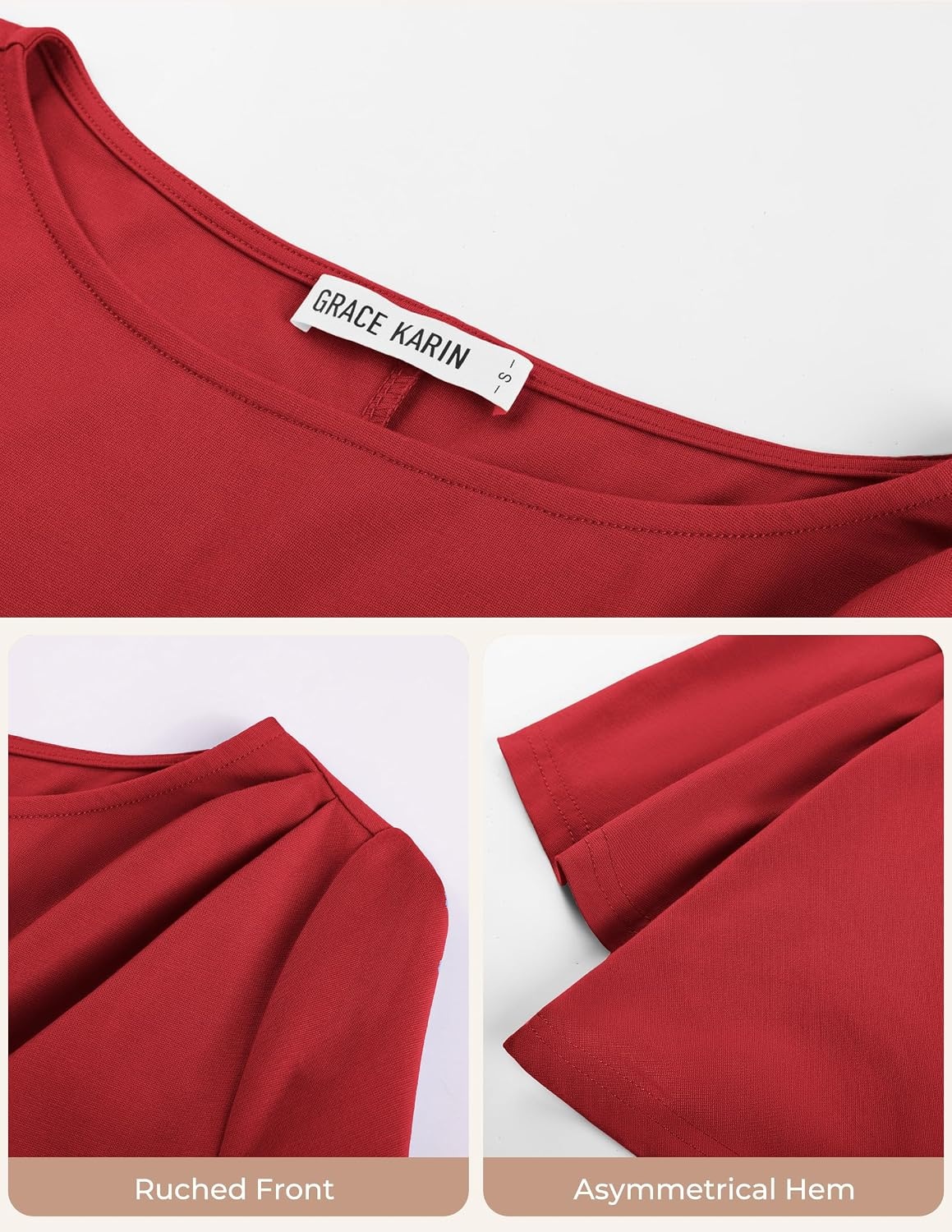 image:imageGRACE KARIN Womens Summer Peplum Tops Dressy Casual Shirt 34 Sleeve Trendy Work Shirts 2026 Business Ruched front Blouses Boat Neck Fashion ClothesRed