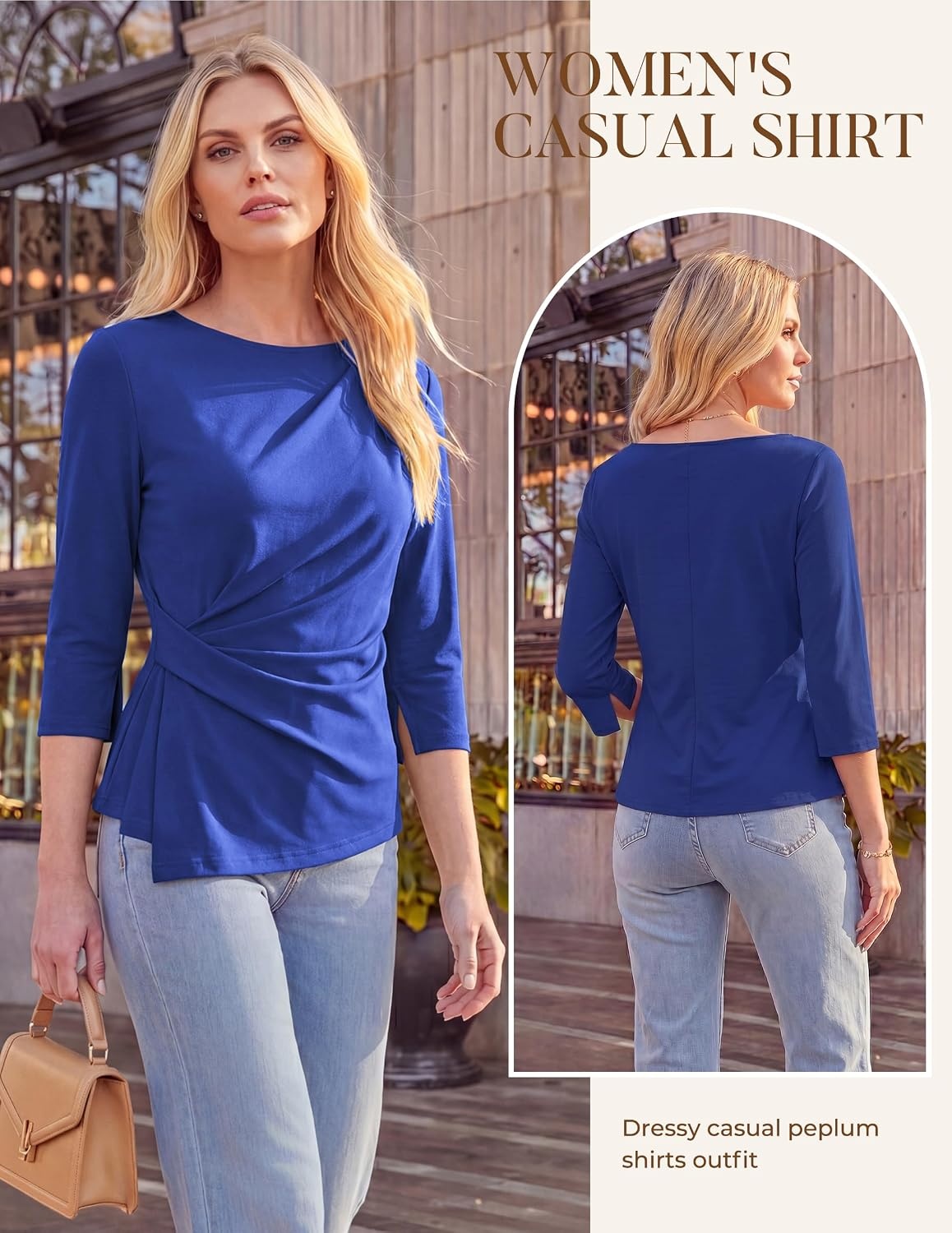 image:imageGRACE KARIN Womens Summer Peplum Tops Dressy Casual Shirt 34 Sleeve Trendy Work Shirts 2026 Business Ruched front Blouses Boat Neck Fashion ClothesRoyal Blue