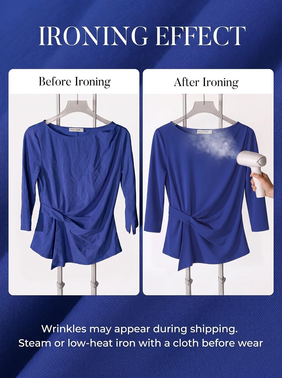 image:imageGRACE KARIN Womens Summer Peplum Tops Dressy Casual Shirt 34 Sleeve Trendy Work Shirts 2026 Business Ruched front Blouses Boat Neck Fashion ClothesRoyal Blue