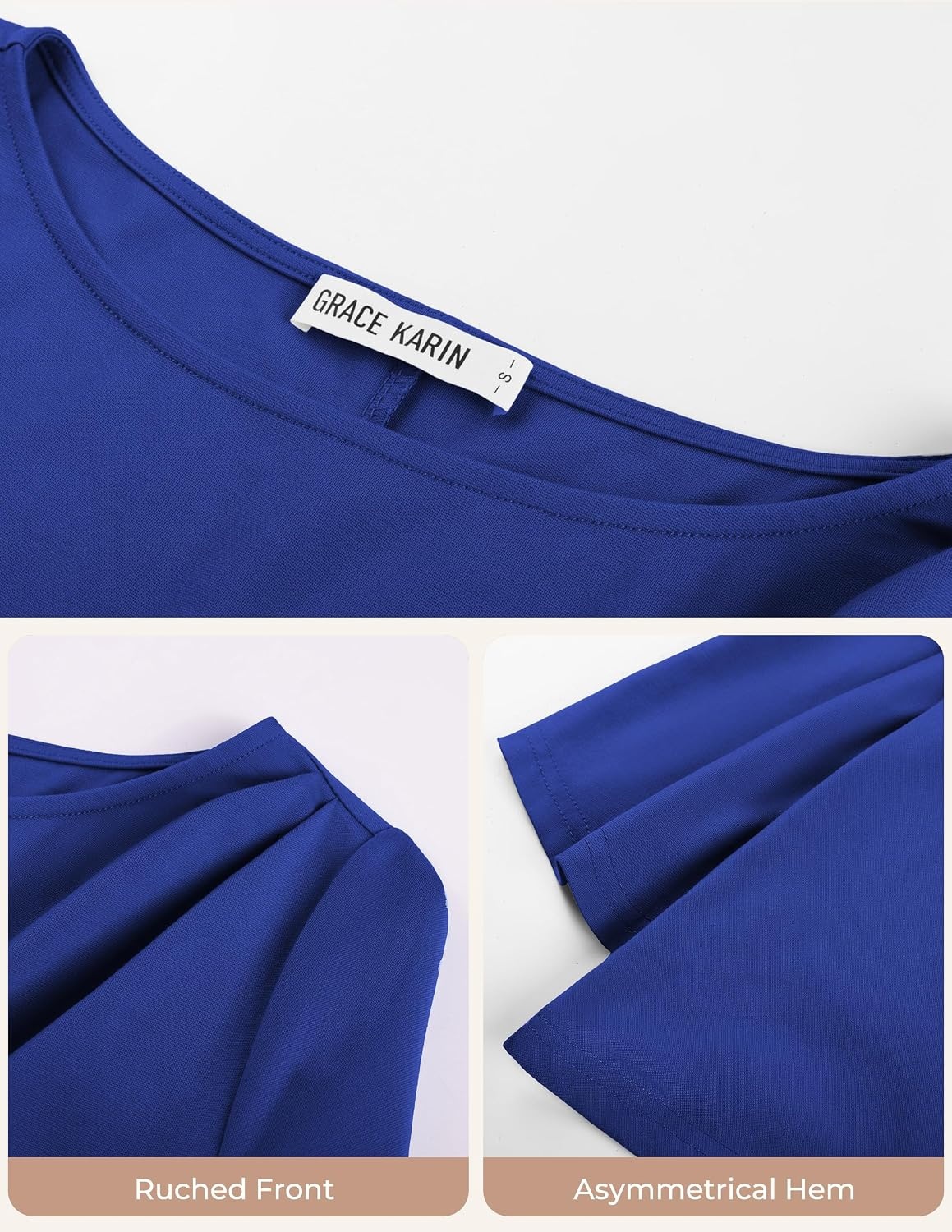 image:imageGRACE KARIN Womens Summer Peplum Tops Dressy Casual Shirt 34 Sleeve Trendy Work Shirts 2026 Business Ruched front Blouses Boat Neck Fashion ClothesRoyal Blue