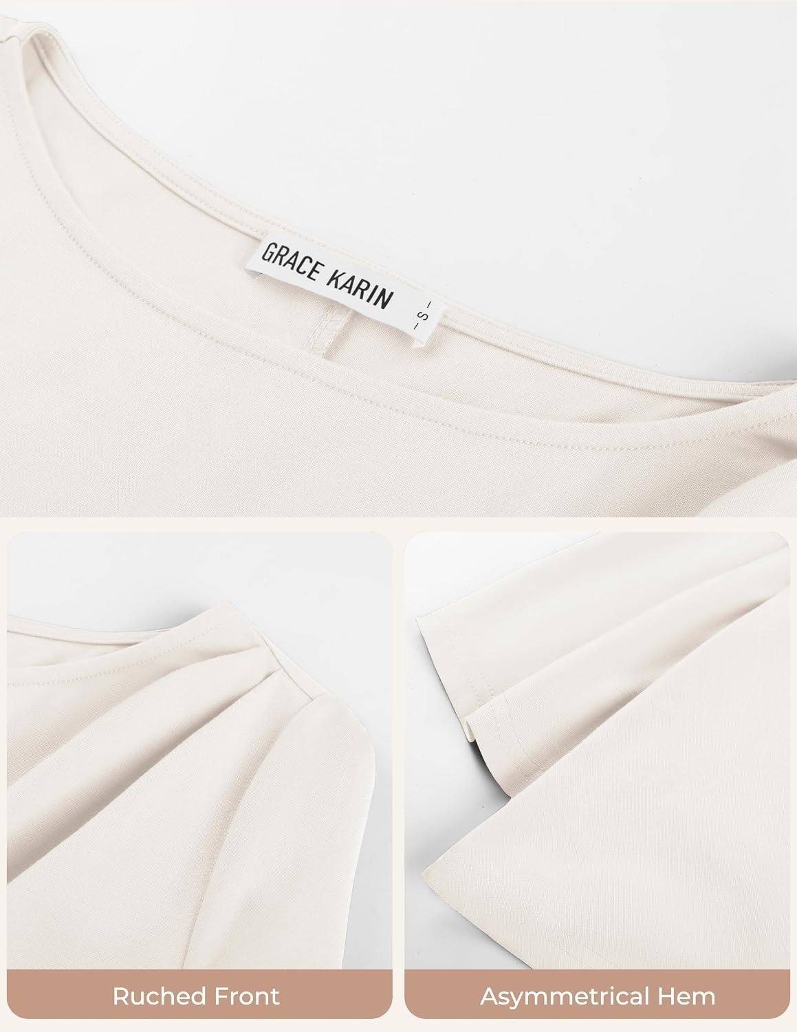image:imageGRACE KARIN Womens Summer Peplum Tops Dressy Casual Shirt 34 Sleeve Trendy Work Shirts 2026 Business Ruched front Blouses Boat Neck Fashion ClothesWhite