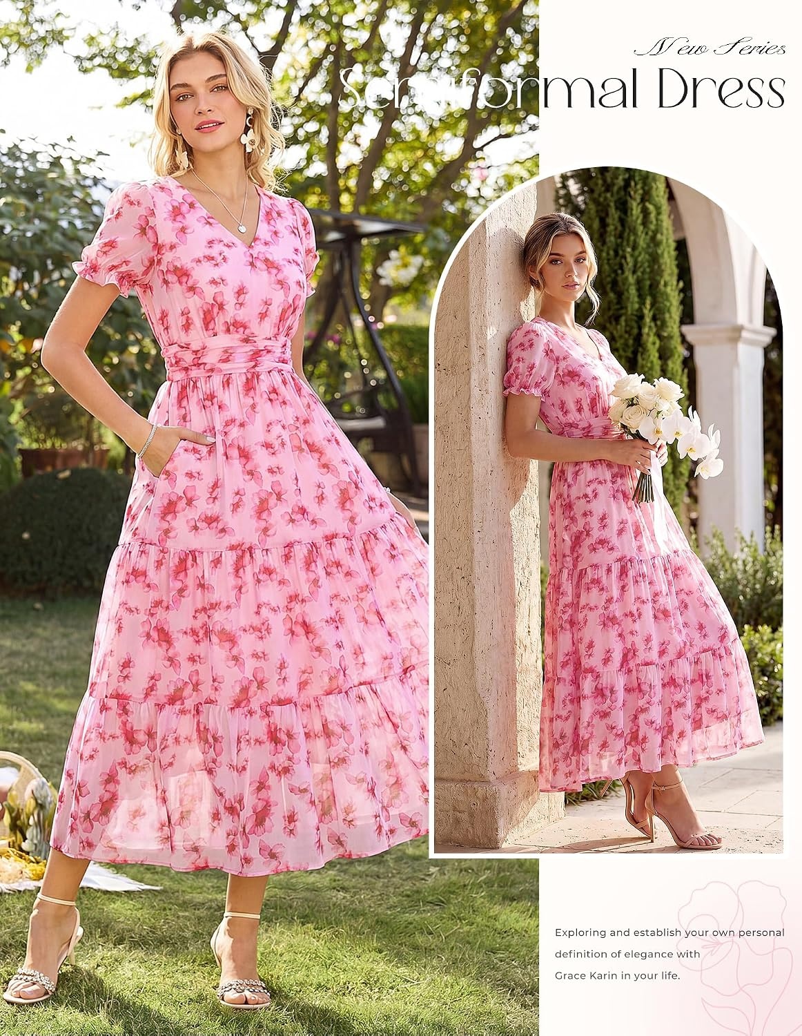 image:imageGRACE KARIN Womens Summer Wedding Guest Maxi Dress 2026 Floral ChiffonSide PocketsShort Sleeve V Neck A Line Elegant Flowy DressesPartySemi FormalBridal ShowerBeachFloral Rose Red