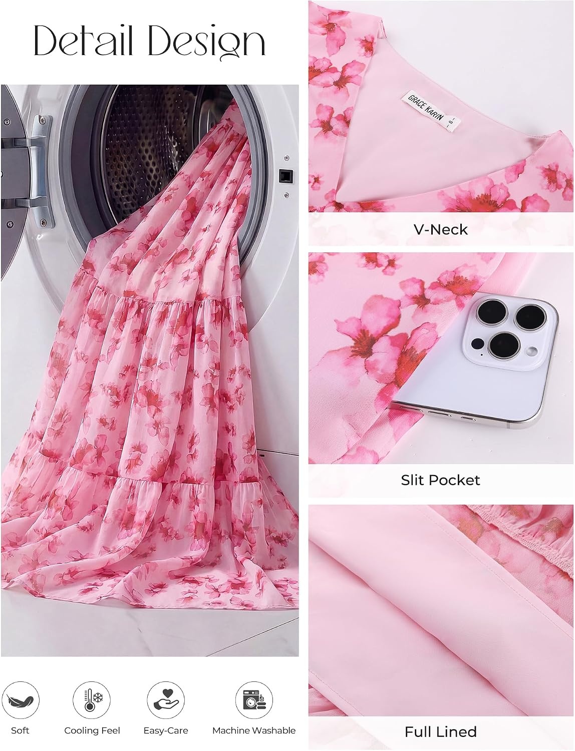 image:imageGRACE KARIN Womens Summer Wedding Guest Maxi Dress 2026 Floral ChiffonSide PocketsShort Sleeve V Neck A Line Elegant Flowy DressesPartySemi FormalBridal ShowerBeachFloral Rose Red