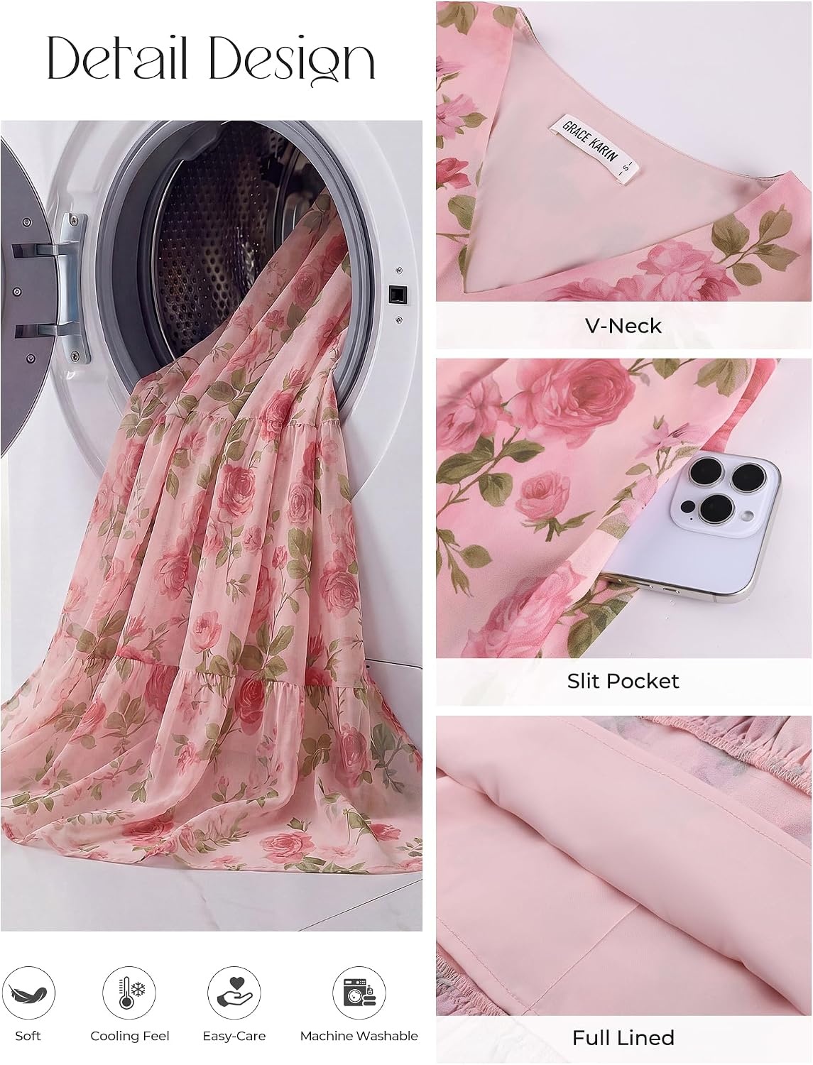 image:imageGRACE KARIN Womens Summer Wedding Guest Maxi Dress 2026 Floral ChiffonSide PocketsShort Sleeve V Neck A Line Elegant Flowy DressesPartySemi FormalBridal ShowerBeachFloral Pink