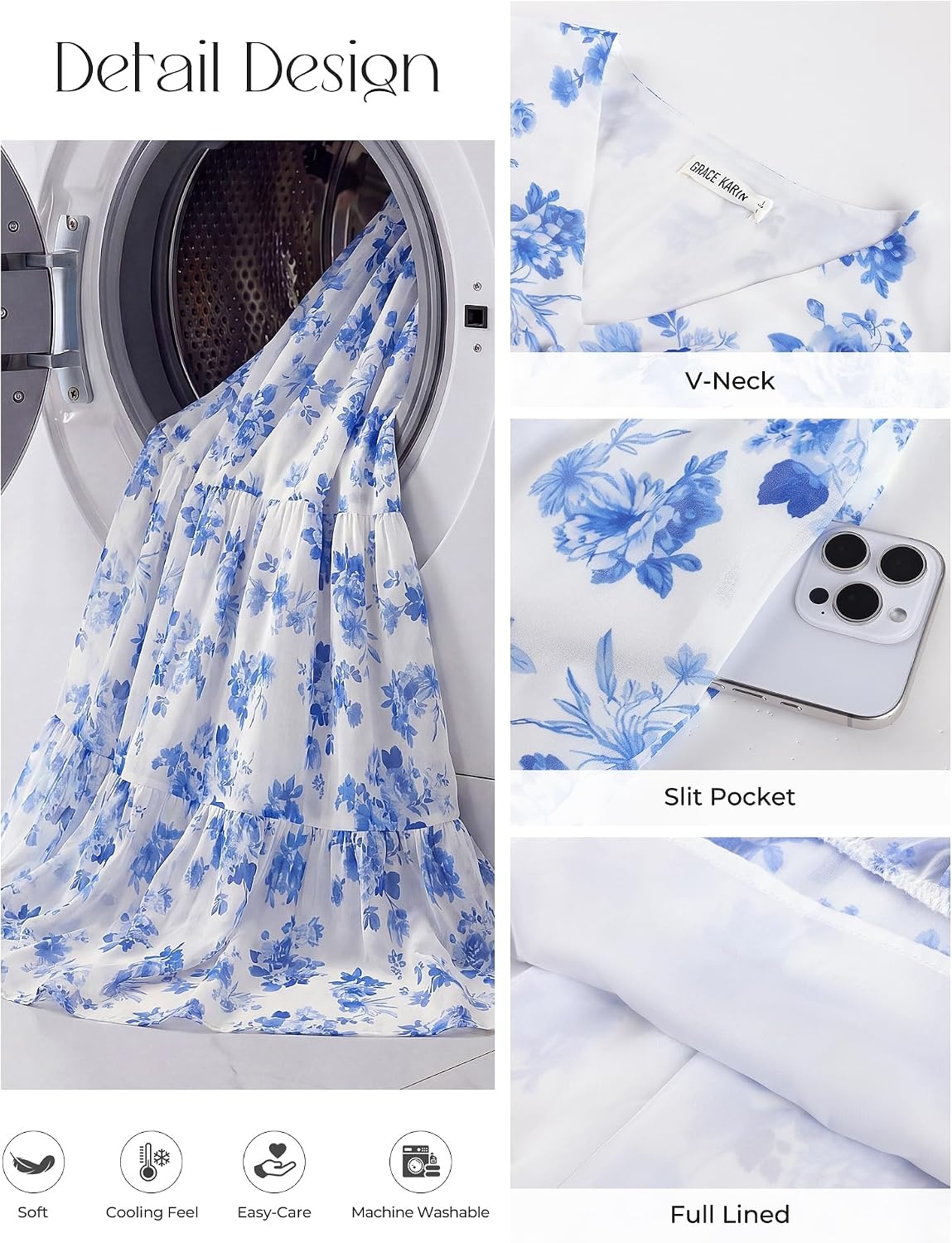 image:imageGRACE KARIN Womens Summer Wedding Guest Maxi Dress 2026 Floral ChiffonSide PocketsShort Sleeve V Neck A Line Elegant Flowy DressesPartySemi FormalBridal ShowerBeachFloral White Blue
