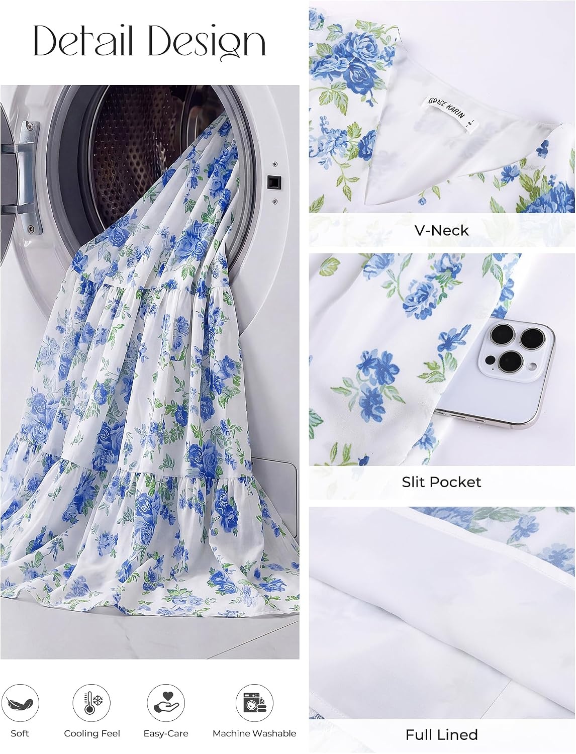 image:imageGRACE KARIN Womens Summer Wedding Guest Maxi Dress 2026 Floral ChiffonSide PocketsShort Sleeve V Neck A Line Elegant Flowy DressesPartySemi FormalBridal ShowerBeachFloral White