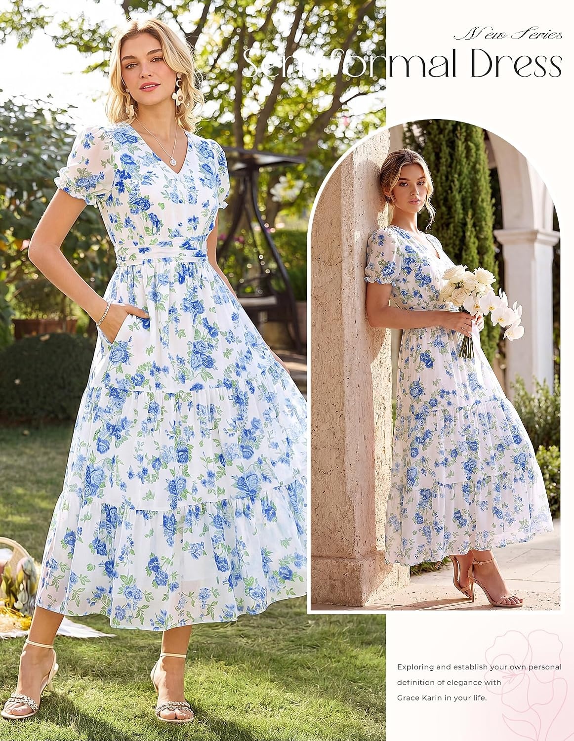 image:imageGRACE KARIN Womens Summer Wedding Guest Maxi Dress 2026 Floral ChiffonSide PocketsShort Sleeve V Neck A Line Elegant Flowy DressesPartySemi FormalBridal ShowerBeachFloral White