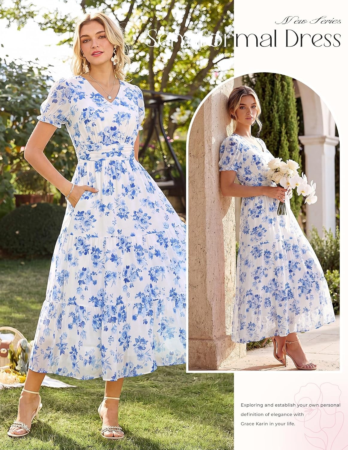 image:imageGRACE KARIN Womens Summer Wedding Guest Maxi Dress 2026 Floral ChiffonSide PocketsShort Sleeve V Neck A Line Elegant Flowy DressesPartySemi FormalBridal ShowerBeachFloral White Blue