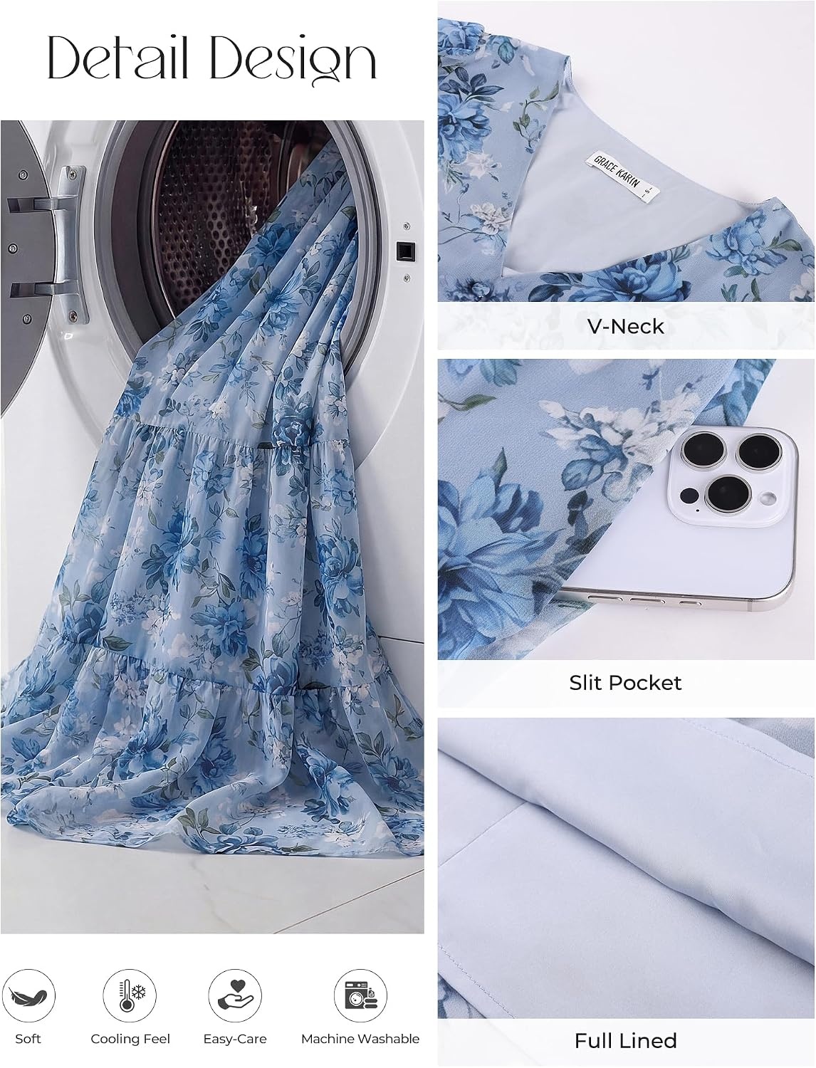 image:imageGRACE KARIN Womens Summer Wedding Guest Maxi Dress 2026 Floral ChiffonSide PocketsShort Sleeve V Neck A Line Elegant Flowy DressesPartySemi FormalBridal ShowerBeachFloral Blue