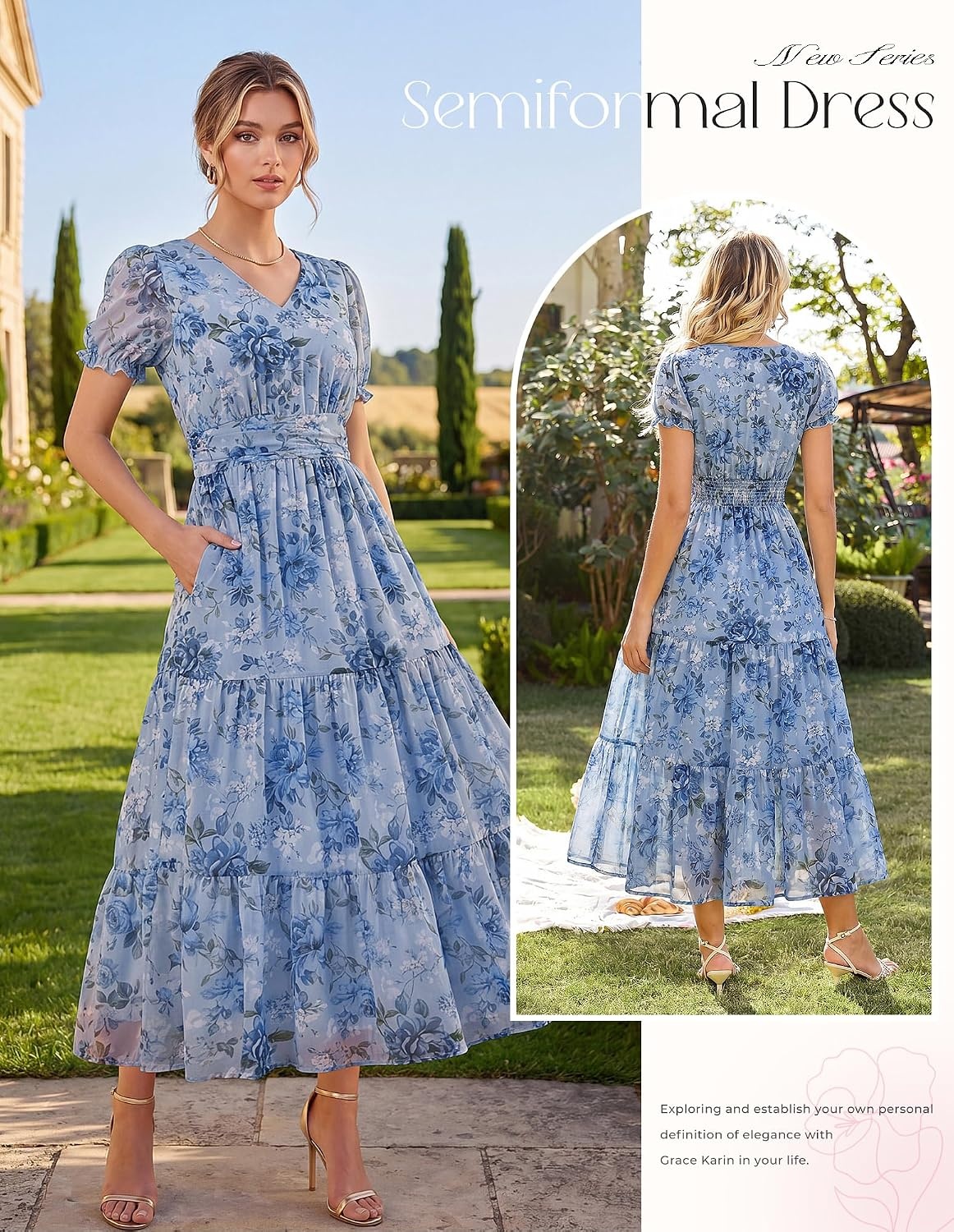 image:imageGRACE KARIN Womens Summer Wedding Guest Maxi Dress 2026 Floral ChiffonSide PocketsShort Sleeve V Neck A Line Elegant Flowy DressesPartySemi FormalBridal ShowerBeachFloral Blue