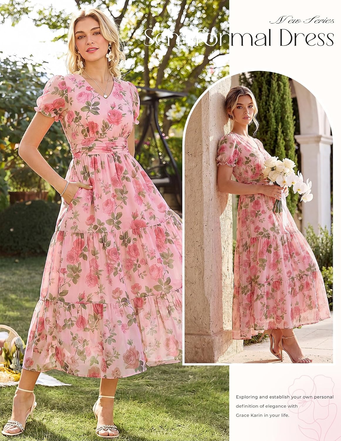 image:imageGRACE KARIN Womens Summer Wedding Guest Maxi Dress 2026 Floral ChiffonSide PocketsShort Sleeve V Neck A Line Elegant Flowy DressesPartySemi FormalBridal ShowerBeachFloral Pink