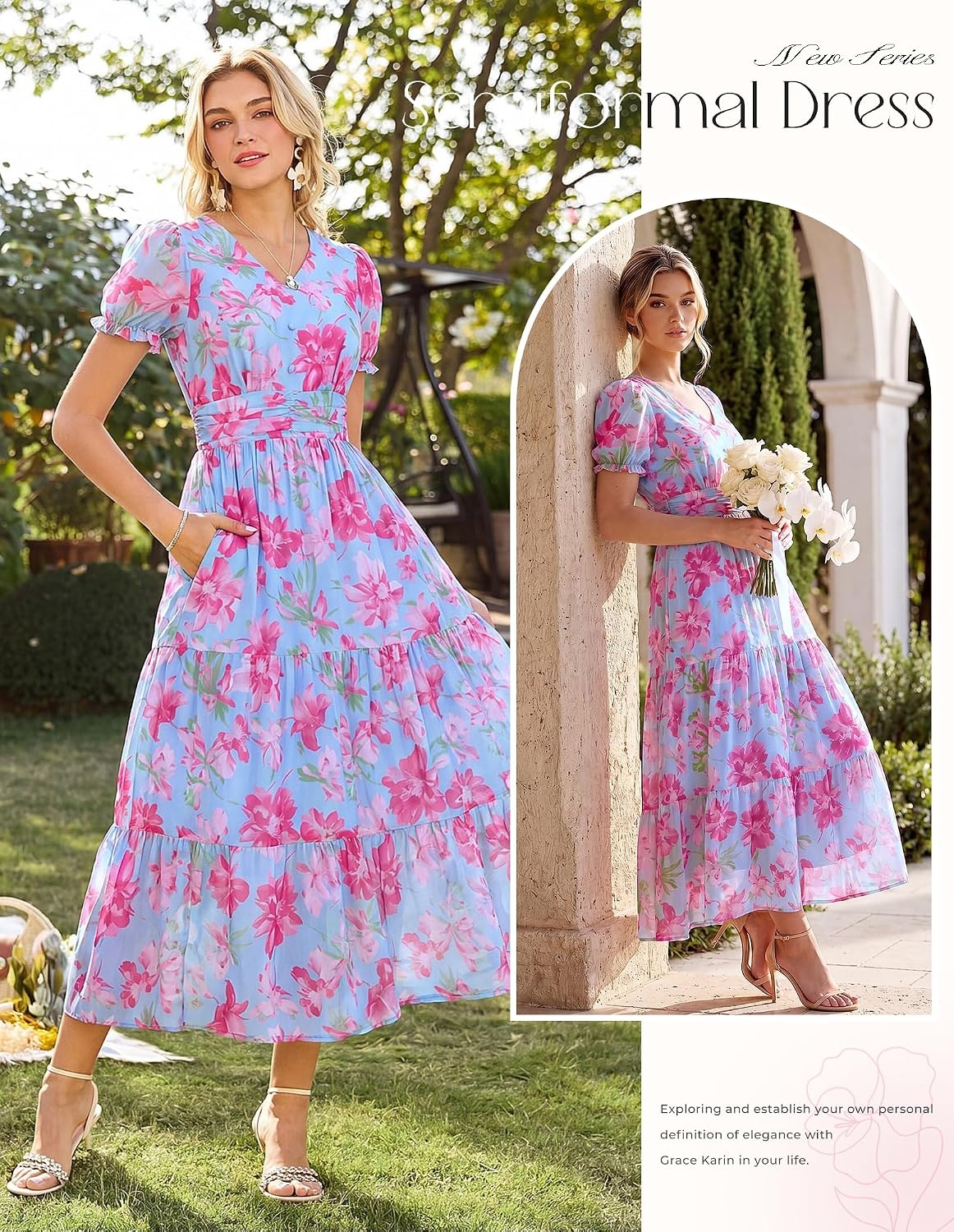 image:imageGRACE KARIN Womens Summer Wedding Guest Maxi Dress 2026 Floral ChiffonSide PocketsShort Sleeve V Neck A Line Elegant Flowy DressesPartySemi FormalBridal ShowerBeachFloral Purple Pink