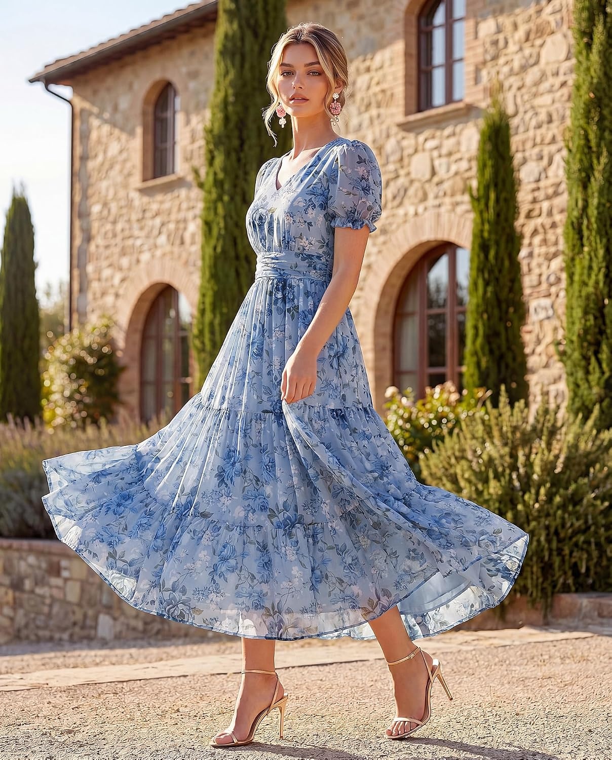 image:imageGRACE KARIN Womens Summer Wedding Guest Maxi Dress 2026 Floral ChiffonSide PocketsShort Sleeve V Neck A Line Elegant Flowy DressesPartySemi FormalBridal ShowerBeachFloral Blue