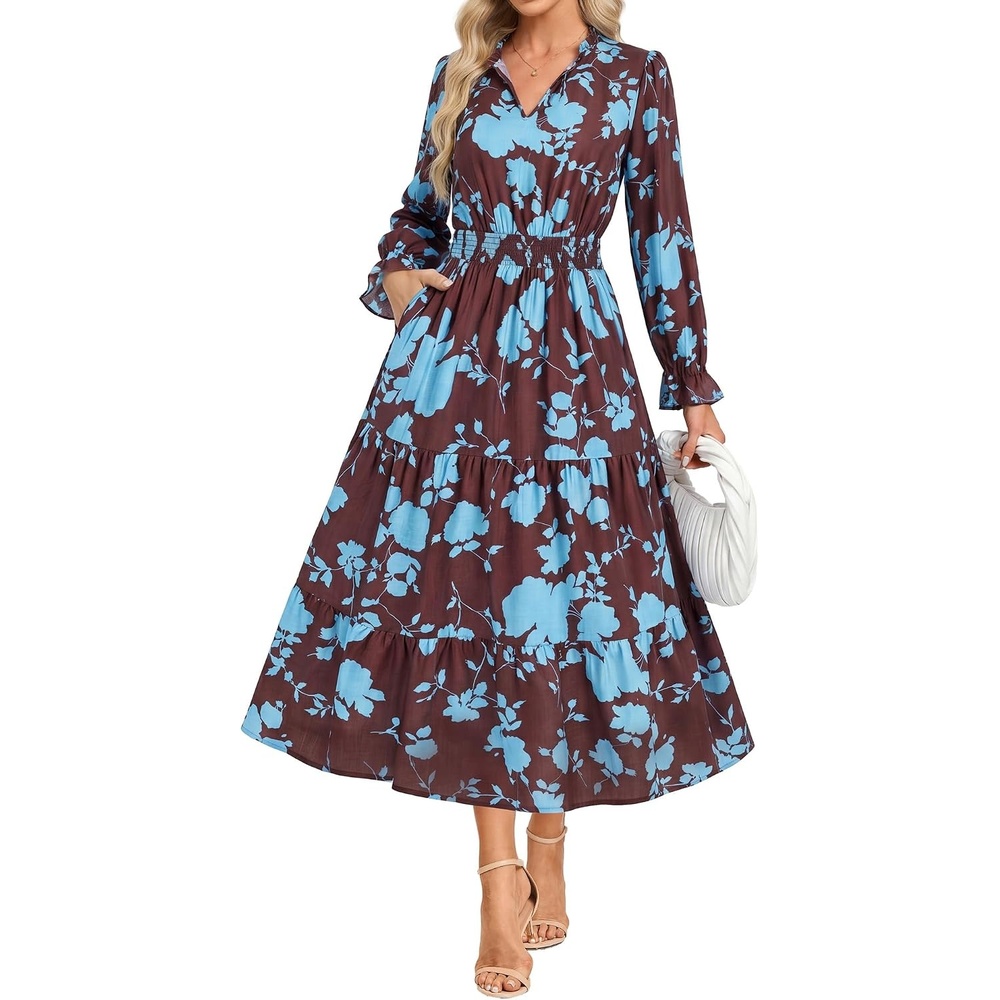 image:imageGRACE KARIN Fall Wedding Guest Causal Midi Floral V Neck Dresses  Long SleeveA LineFlowySmocked WaistRuffleTieredwith PocketsBeachVacationCocktailSemi FormalCorsetPartyBirthdayBrown Floral