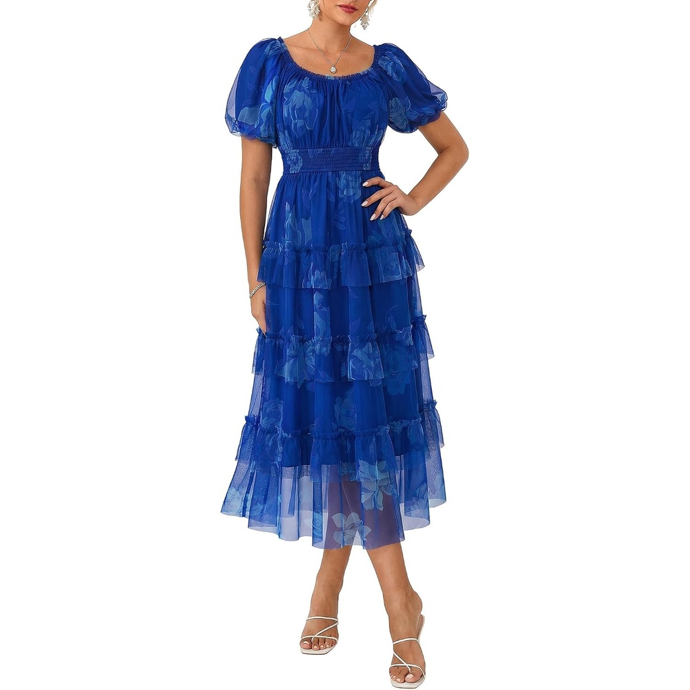 image:imageGRACE KARIN Summer Wedding Guest Causal Midi Floral Tulle Dress Short Puff SleeveSquare NeckA LineFlowySmocked WaistTieredMeshLightBeachVacationCocktailSemi FormalPartyBirthdayBlue White