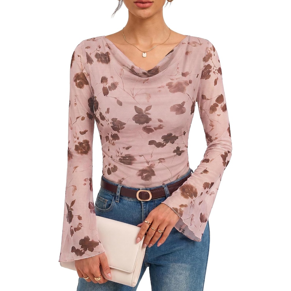 image:imageGRACE KARIN Women Boho Mesh Blouses Dressy Casual Cowl Neck Going Out Tops Bell Long Sleeve Work Shirts Y2K Floral Ruched Outfits 2026 Fall Fashion ClothingPink