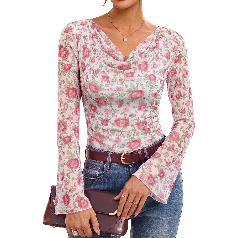 image:imageGRACE KARIN Women Boho Mesh Blouses Dressy Casual Cowl Neck Going Out Tops Bell Long Sleeve Work Shirts Y2K Floral Ruched Outfits 2026 Fall Fashion ClothingPink Green