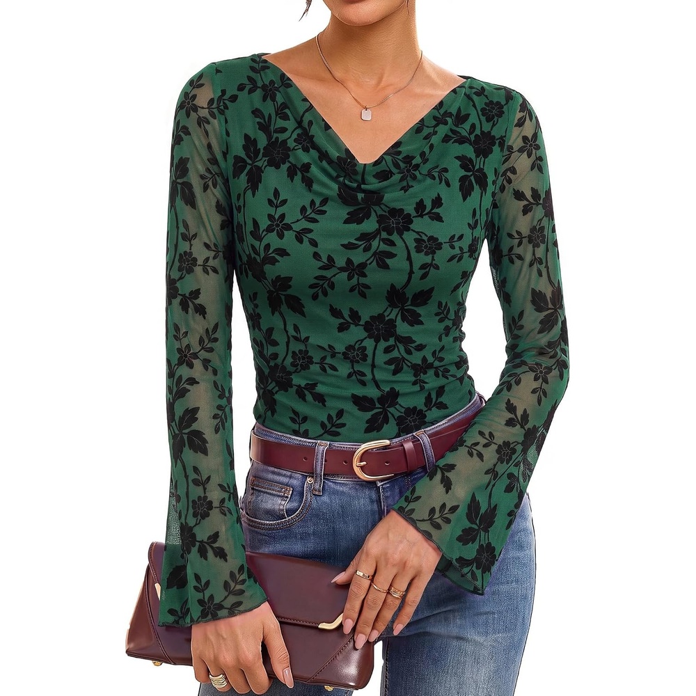image:imageGRACE KARIN Women Boho Mesh Blouses Dressy Casual Cowl Neck Going Out Tops Bell Long Sleeve Work Shirts Y2K Floral Ruched Outfits 2026 Fall Fashion ClothingGreen Floral