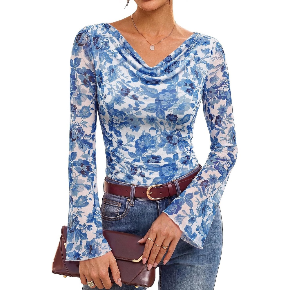 image:imageGRACE KARIN Women Boho Mesh Blouses Dressy Casual Cowl Neck Going Out Tops Bell Long Sleeve Work Shirts Y2K Floral Ruched Outfits 2026 Fall Fashion ClothingBlue Floral