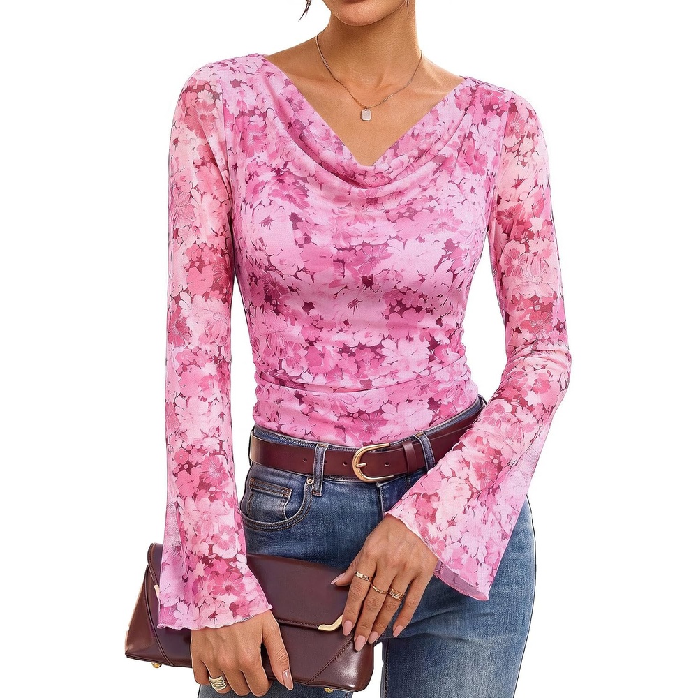 image:imageGRACE KARIN Women Boho Mesh Blouses Dressy Casual Cowl Neck Going Out Tops Bell Long Sleeve Work Shirts Y2K Floral Ruched Outfits 2026 Fall Fashion ClothingPink Purple