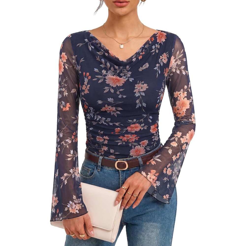 image:imageGRACE KARIN Women Boho Mesh Blouses Dressy Casual Cowl Neck Going Out Tops Bell Long Sleeve Work Shirts Y2K Floral Ruched Outfits 2026 Fall Fashion ClothingNavy Blue