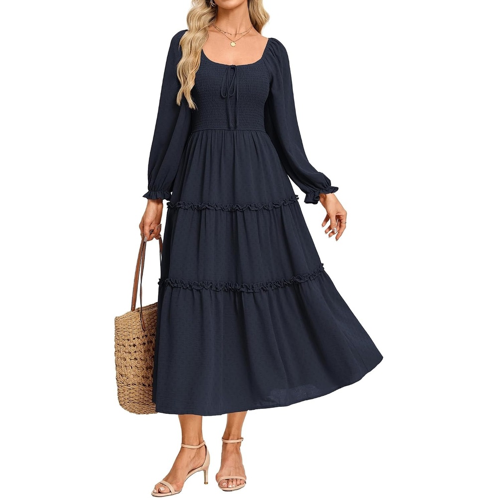 image:imageGRACE KARIN Womens Boho Fall Long Sleeve Floral Maxi Dress PocketsFlowy A Line Square Neck Smocked Long Dresses CasualVacationWedding GuestFashion ClothingNavy