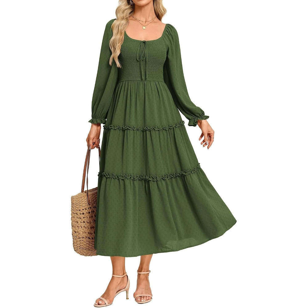 image:imageGRACE KARIN Womens Boho Fall Long Sleeve Floral Maxi Dress PocketsFlowy A Line Square Neck Smocked Long Dresses CasualVacationWedding GuestFashion ClothingArmy Green