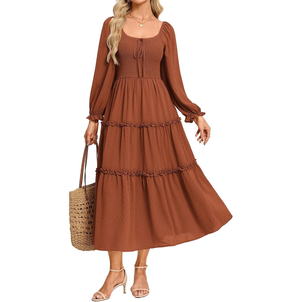 image:imageGRACE KARIN Womens Boho Fall Long Sleeve Floral Maxi Dress PocketsFlowy A Line Square Neck Smocked Long Dresses CasualVacationWedding GuestFashion ClothingBrick Red