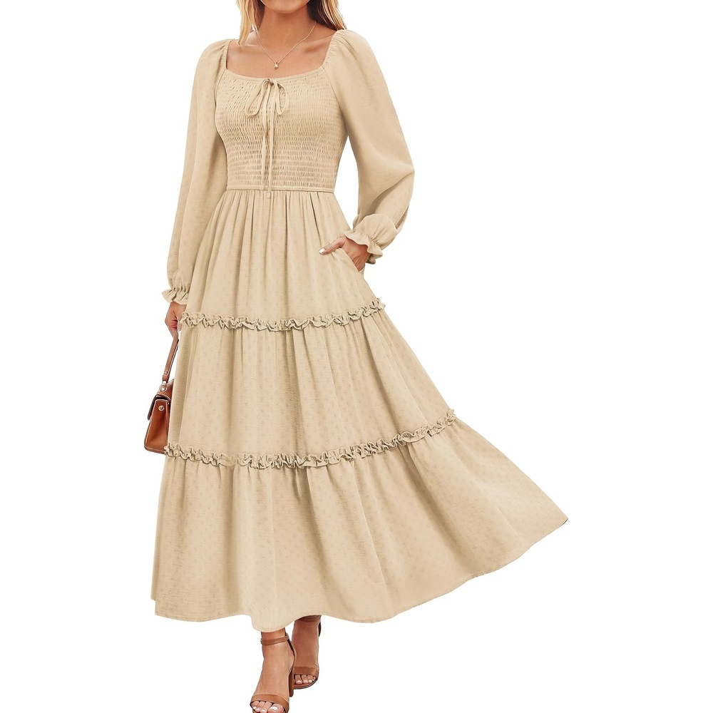 image:imageGRACE KARIN Womens Boho Fall Long Sleeve Floral Maxi Dress PocketsFlowy A Line Square Neck Smocked Long Dresses CasualVacationWedding GuestFashion ClothingIvory White