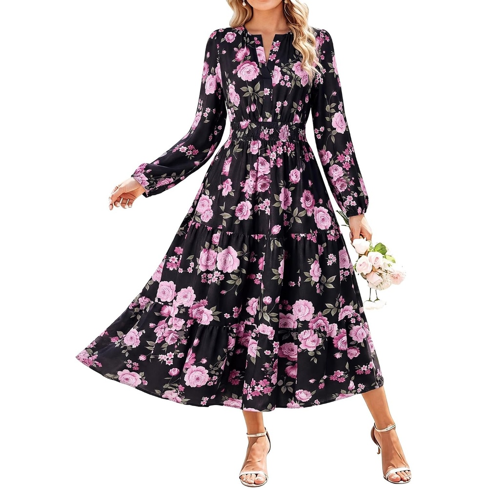 image:imageGRACE KARIN Womens Fall Long Sleeve Maxi Dress  2026 FloralV Neck Boho A Line FlowyPocketsFall Outfits for CasualWedding GuestVacationTravelDateBlack and Pink Floral