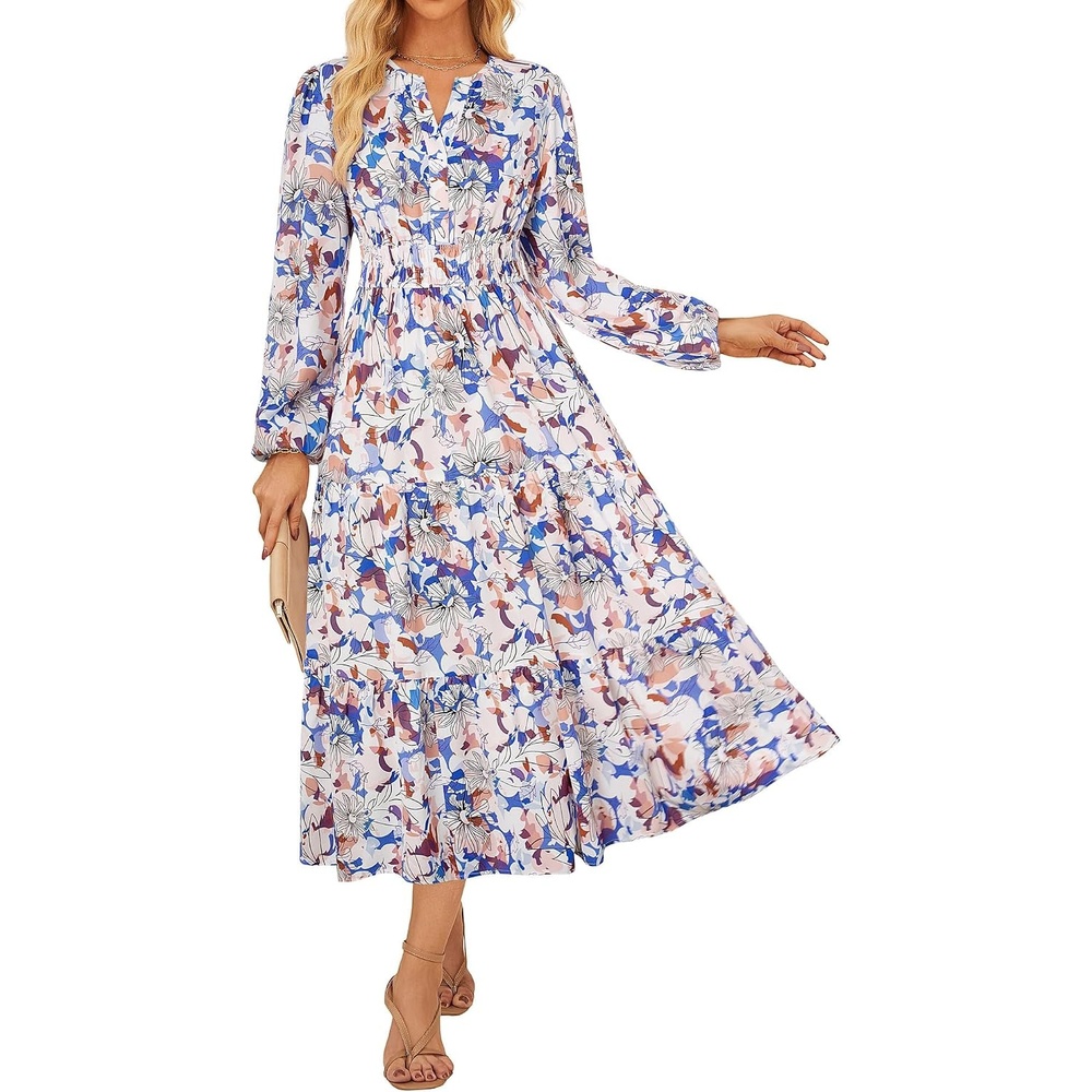 image:imageGRACE KARIN Womens Fall Long Sleeve Maxi Dress 2026 FloralV Neck Boho A Line FlowyPocketsFall Outfits for CasualWedding GuestVacationTravelDateSkybule White Floral