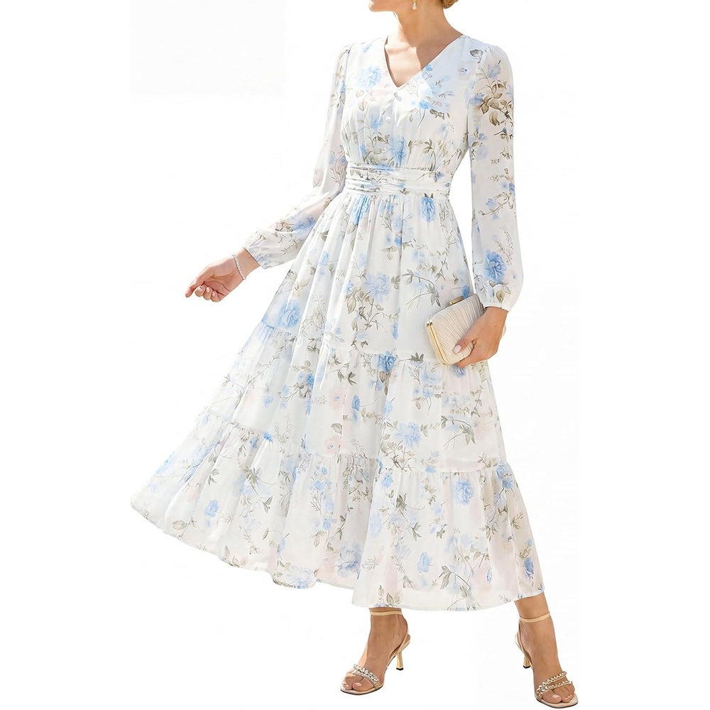 image:imageGRACE KARIN Womens Floral Maxi Dress Long Sleeve Wedding Guest Dresses V NeckFit and FlareA LinePocketSmockingEleganceSuitable for Fall Spring Summer Semiformal Tea Party Casual OutfitWhite With Light Blue Flowers