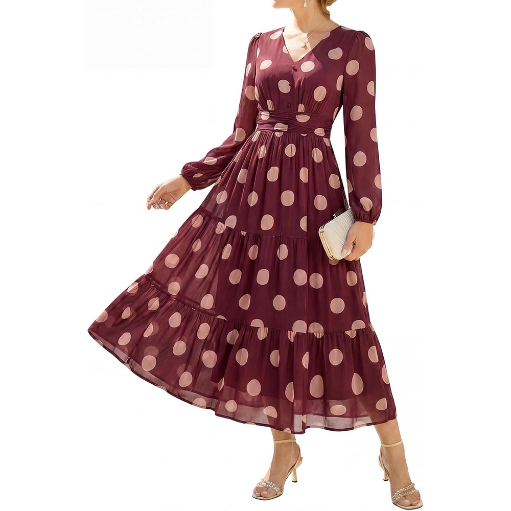 image:imageGRACE KARIN Womens Floral Maxi Dress Long Sleeve Wedding Guest Dresses V NeckFit and FlareA LinePocketSmockingEleganceSuitable for Fall Spring Summer Semiformal Tea Party Casual OutfitRed Brown With Beige Polka Dots