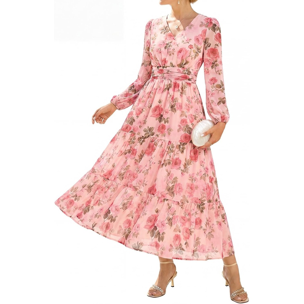 image:imageGRACE KARIN Womens Floral Maxi Dress Long Sleeve Wedding Guest Dresses V NeckFit and FlareA LinePocketSmockingEleganceSuitable for Fall Spring Summer Semiformal Tea Party Casual OutfitGrayish With Pink Flowers
