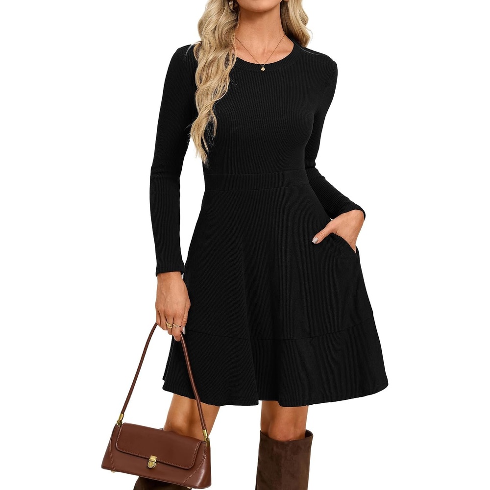 image:imageGRACE KARIN Womens Long Sleeve Ribbed Knit Mini Sweater Dress with Pockets Stretchy Fit Cozy Warm Lightweight Side Pockets Tiered hem Western Style Boots PairingBlack