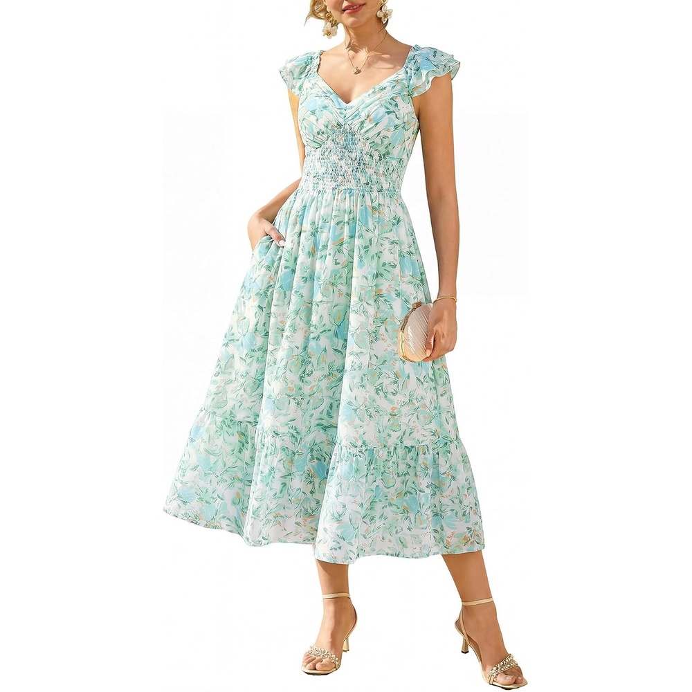 image:imageGRACE KARIN Womens Summer Floral Maxi Wedding Guest Dresses  Flowy a Line Long DressRuffle Sleeve Smocked Sundress with PocketGarden PartySemi FormalBeach Vacation OutfitsGreen Floral
