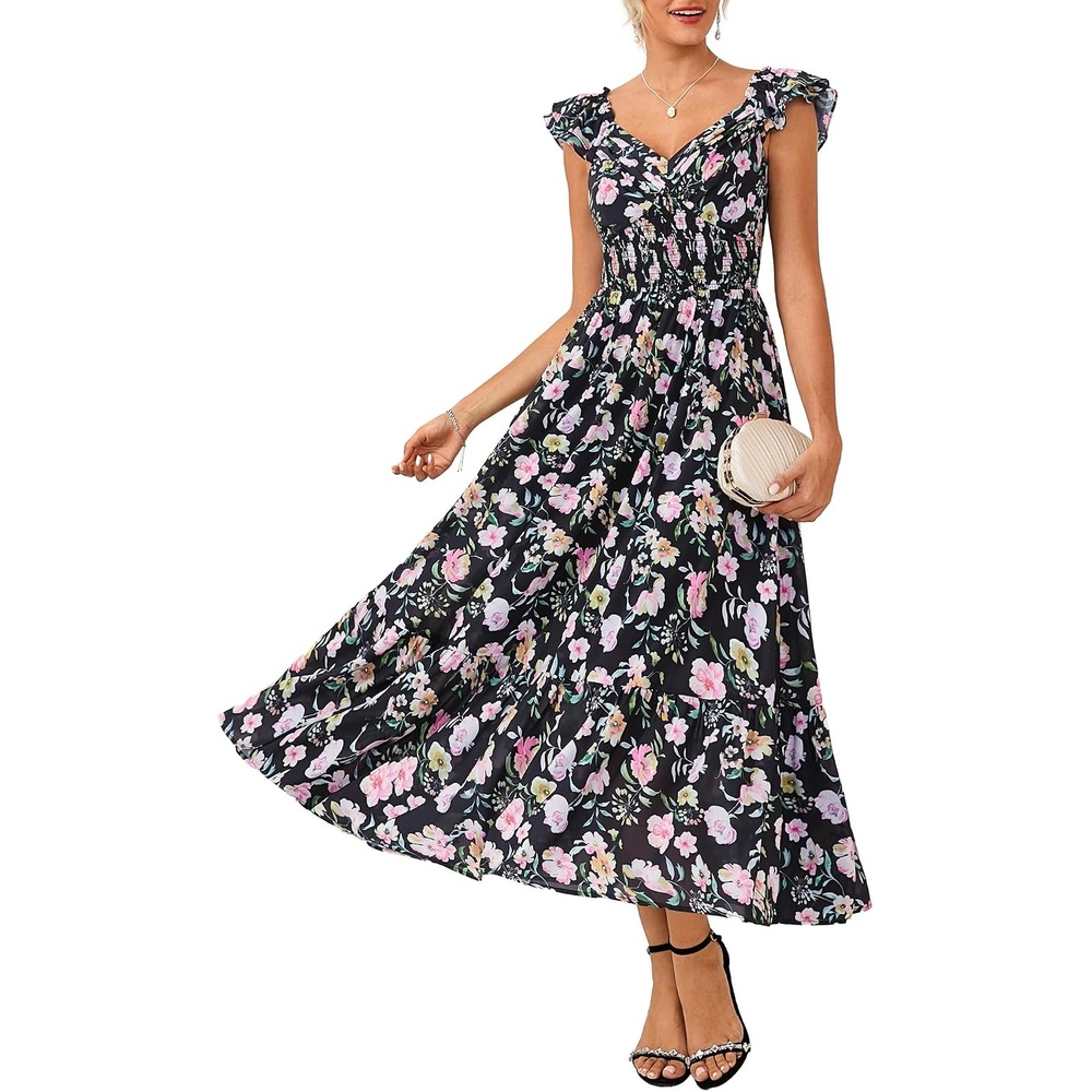 image:imageGRACE KARIN Womens Summer Floral Maxi Wedding Guest Dresses Flowy a Line Long DressRuffle Sleeve Smocked Sundress with PocketGarden PartySemi FormalBeach Vacation OutfitsBlack Flower