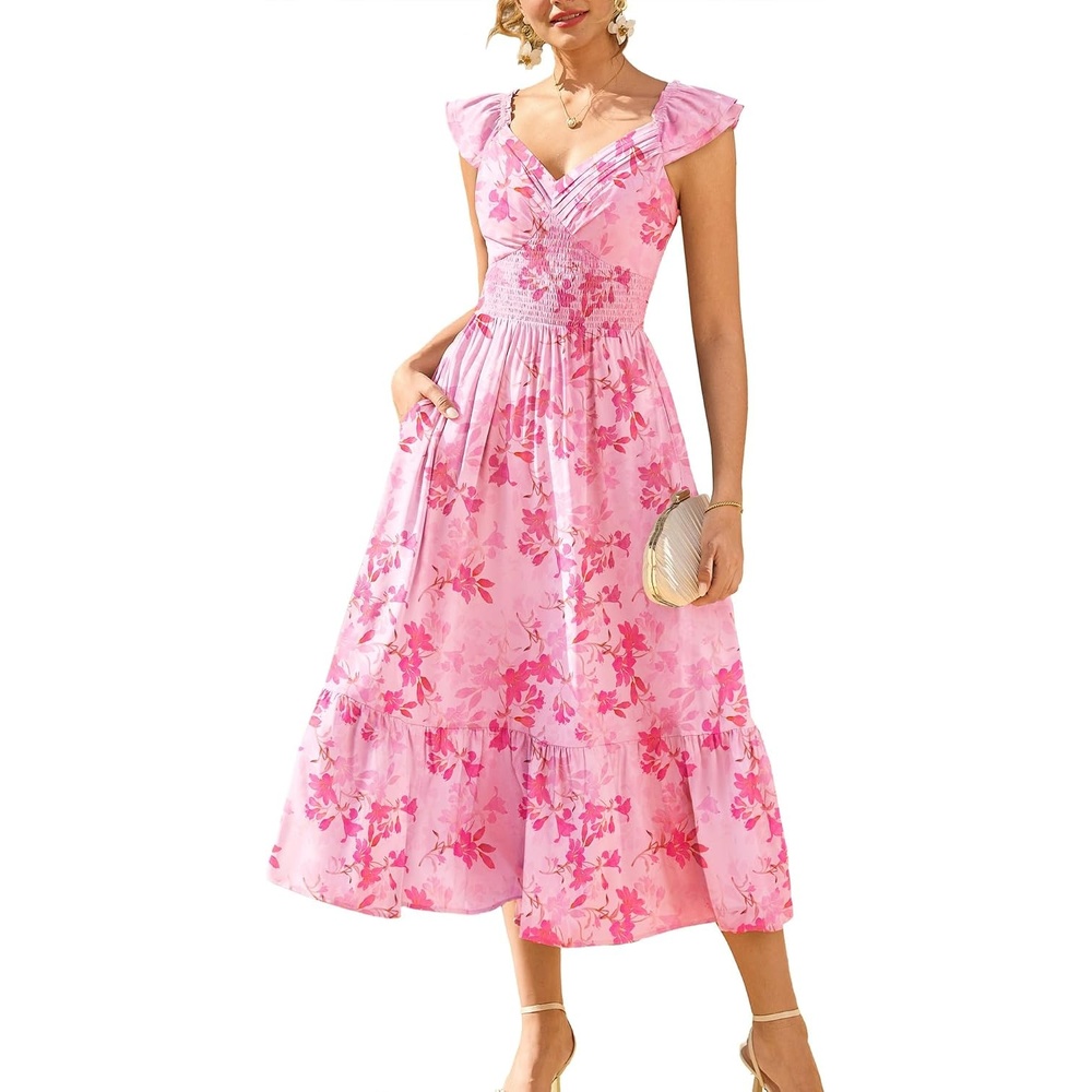 image:imageGRACE KARIN Womens Summer Floral Maxi Wedding Guest Dresses  Flowy a Line Long DressRuffle Sleeve Smocked Sundress with PocketGarden PartySemi FormalBeach Vacation OutfitsPink Floral