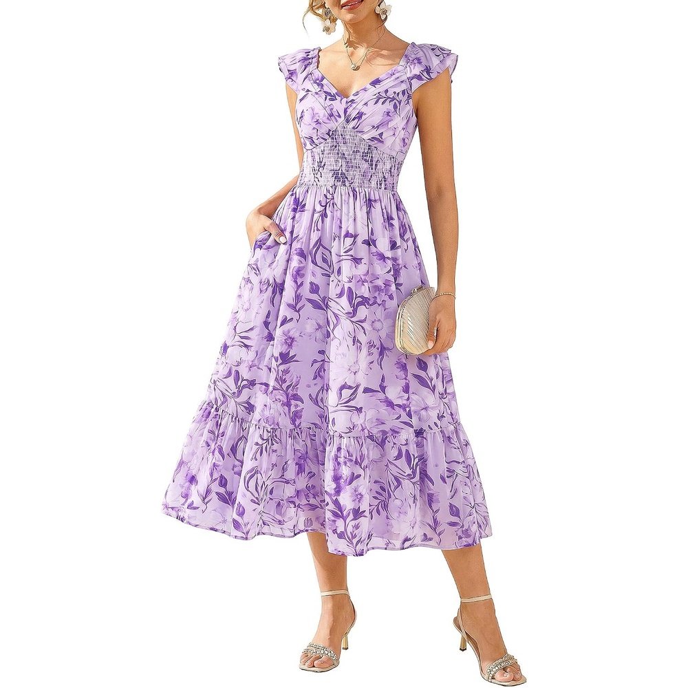 image:imageGRACE KARIN Womens Summer Floral Maxi Wedding Guest Dresses  Flowy a Line Long DressRuffle Sleeve Smocked Sundress with PocketGarden PartySemi FormalBeach Vacation OutfitsLight Purple
