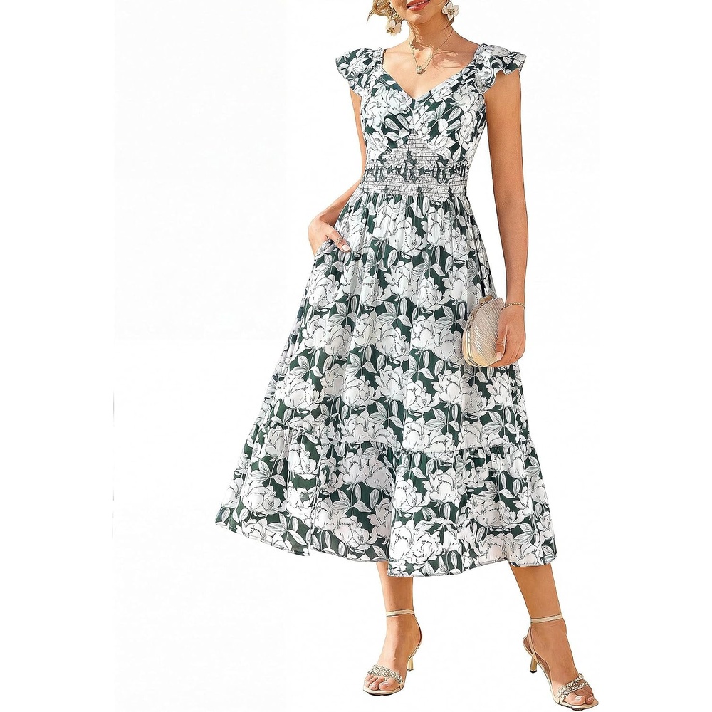 image:imageGRACE KARIN Womens Summer Floral Maxi Wedding Guest Dresses  Flowy a Line Long DressRuffle Sleeve Smocked Sundress with PocketGarden PartySemi FormalBeach Vacation OutfitsDark Green