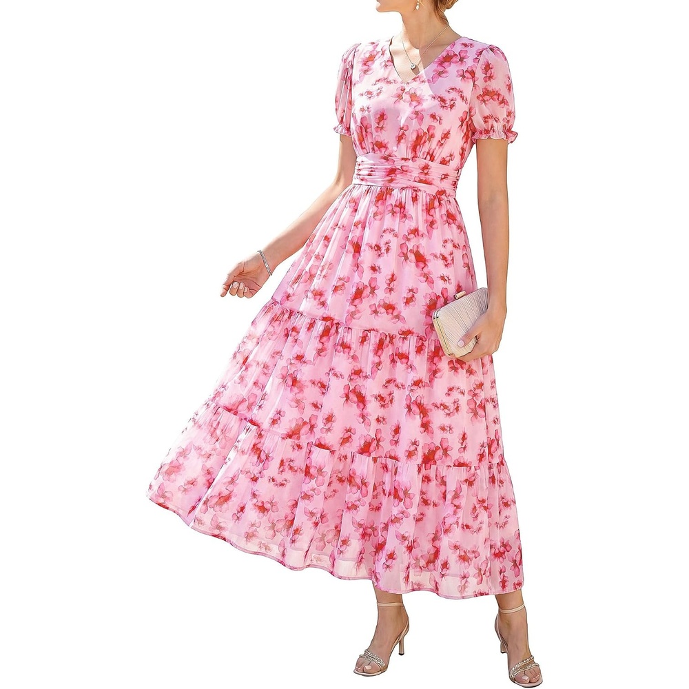 image:imageGRACE KARIN Womens Summer Wedding Guest Maxi Dress 2026 Floral ChiffonSide PocketsShort Sleeve V Neck A Line Elegant Flowy DressesPartySemi FormalBridal ShowerBeachFloral Rose Red